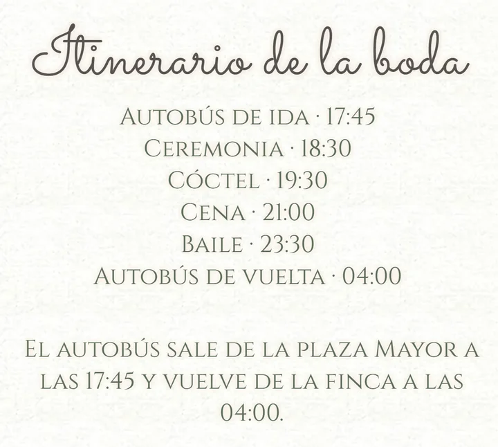 El itinerario de la boda en texto, un momento por línea con su hora