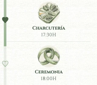 El itinerario real de una boda en verde: charcutería a las 17:30 con una tabla de embutidos y ceremonia a las 18:00 con dos anillos