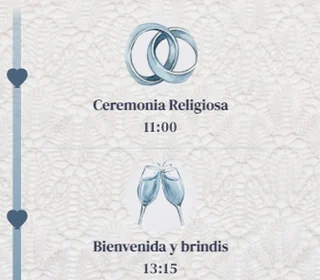 El itinerario real de una boda de mañana: ceremonia religiosa a las 11:00 con dos anillos y bienvenida y brindis a las 13:15 con dos copas, en azul