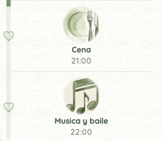 El itinerario real de una boda de tarde: cena a las 21:00 con un plato y música y baile a las 22:00 con notas musicales