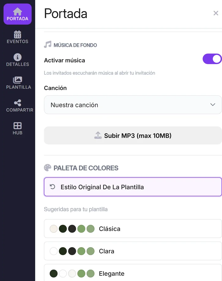 El editor de la invitación de boda en el ordenador, con la pestaña Portada abierta por la sección Música de fondo, con el interruptor de la música, la canción subida y el botón Subir MP3