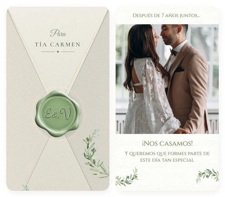 El sobre de la invitación de boda digital y la portada que se abre al tocar el sello, que es cuando empieza la canción