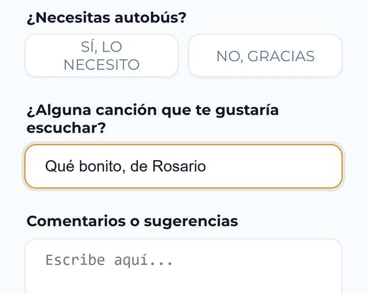 El formulario de confirmación de asistencia de la boda con la pregunta en la que el invitado escribe qué canción le gustaría escuchar