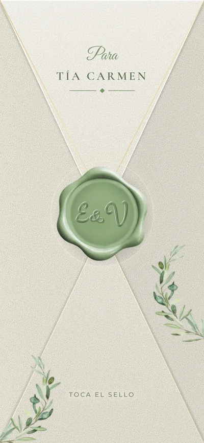 El sobre de la invitación de boda con el nombre del invitado y el aviso de tocar el sello, que es cuando empieza a sonar la canción