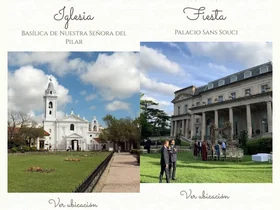 La iglesia en la Basílica de Nuestra Señora del Pilar y la fiesta en el Palacio Sans Souci, cada una con la foto que trajo la búsqueda y su botón Ver ubicación