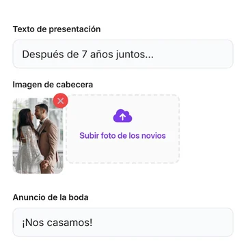 El editor en el celular con la portada de la tarjeta, el texto de presentación, la foto de los novios y ¡Nos casamos!