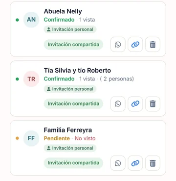 La lista de invitados en el celular, con la abuela Nelly y la tía Silvia confirmadas, la familia Ferreyra sin ver y el botón de cada uno para mandarle su enlace