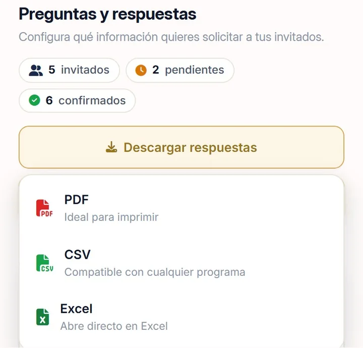 Las respuestas en el celular, con cinco invitados, dos pendientes y seis personas confirmadas, y la descarga en PDF, CSV y Excel