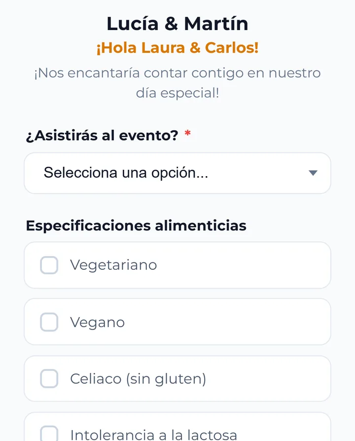 El formulario de confirmación de asistencia de la web de boda, que saluda a los invitados por su nombre y pregunta por las alergias
