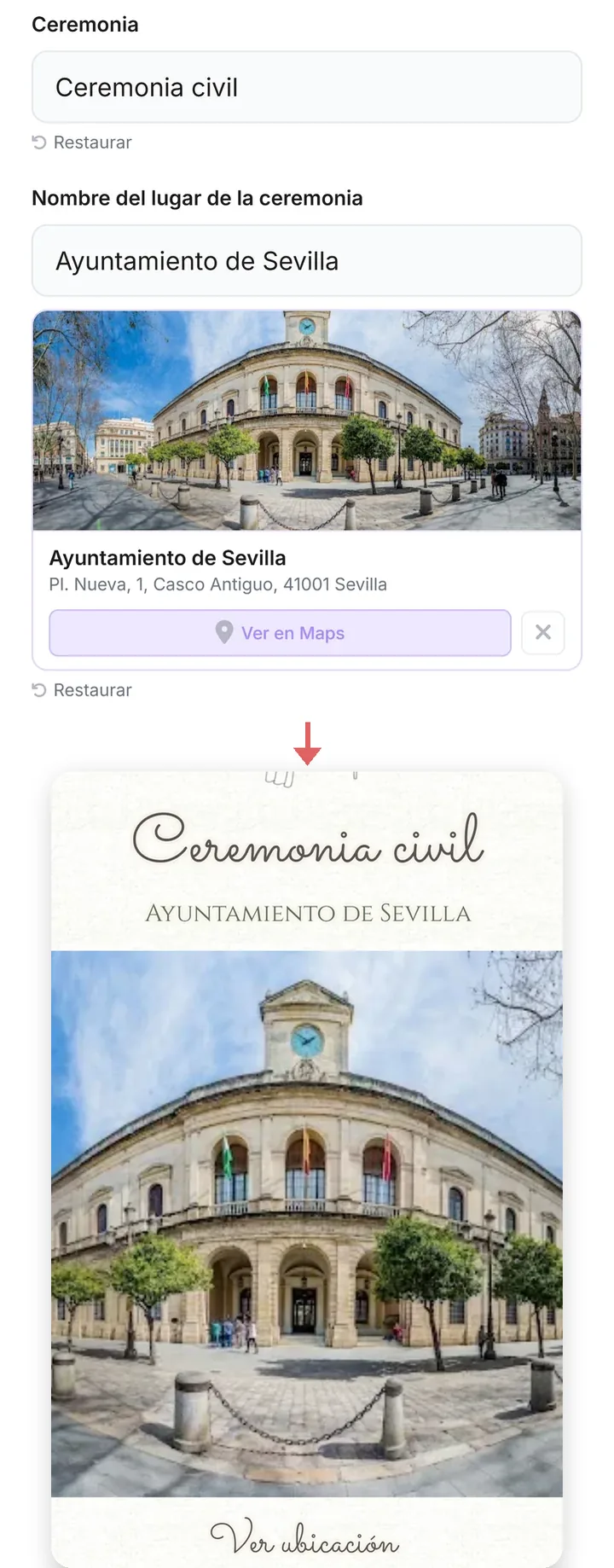 Del editor a la web de boda: el editor encuentra el sitio de la ceremonia por su nombre, con su foto y su dirección, y debajo se ve esa ceremonia en la invitación