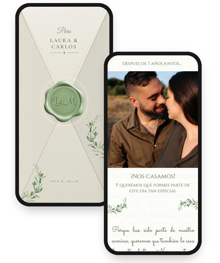 El sobre de la invitación con el nombre de los invitados y, encima, la invitación abierta, que se baja como una web
