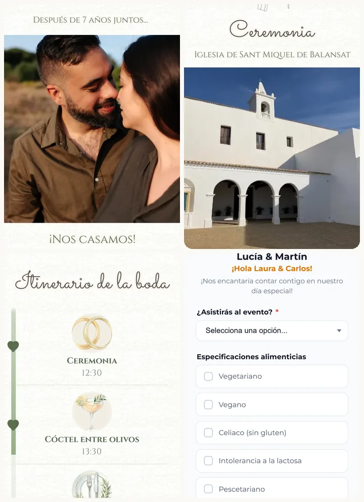 Una web de boda en el móvil, en cuatro partes: la foto de la pareja, la ceremonia con su foto, el itinerario dibujado y la confirmación de asistencia